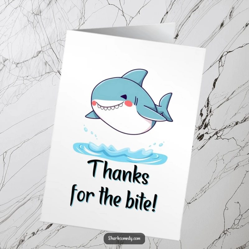 Funny Free Printable Thank You Card: Small shark with a silly grin jumping out of the water to show thanks.