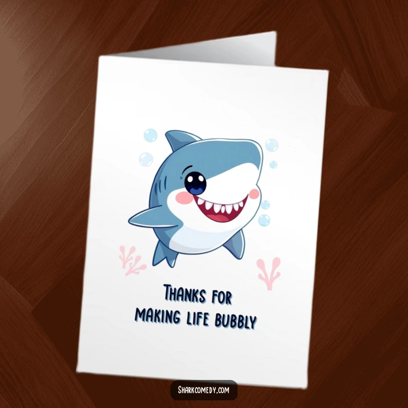 Funny Free Printable Thank You Card: A smiling shark blows bubbles underwater, its happy eyes conveying thanks.