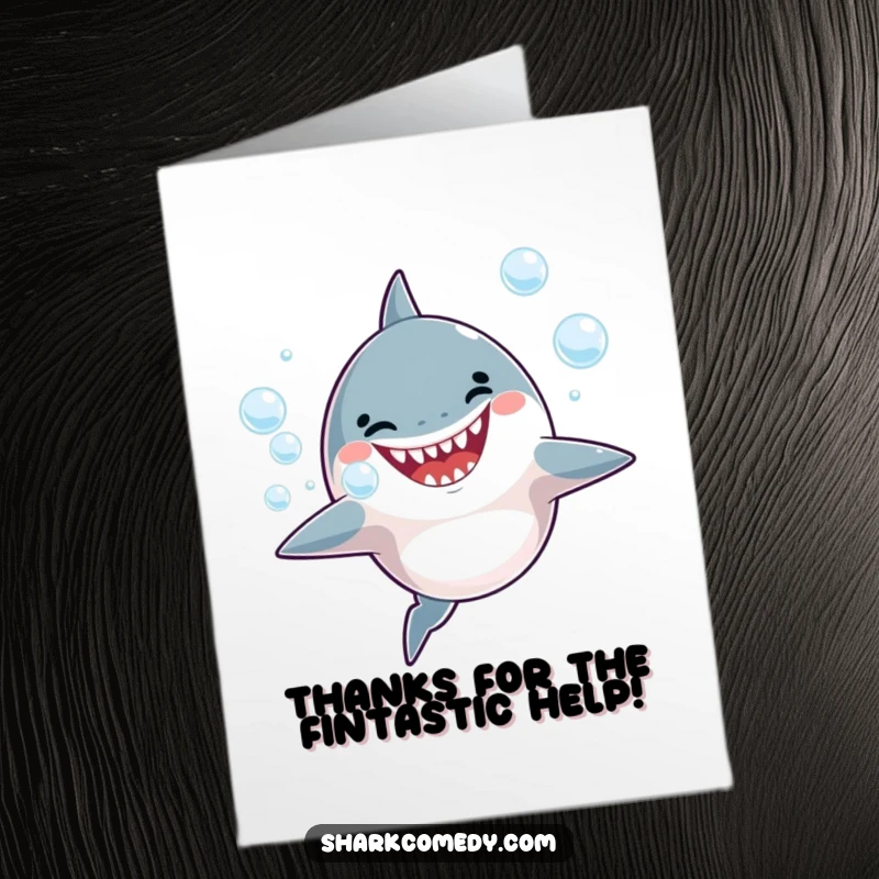 Funny Free Printable thank you card: A happy shark blows a stream of bubbles, conveying thanks with a cheerful expression.