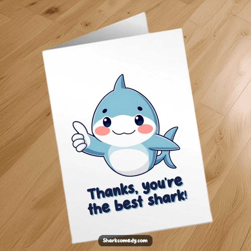 Funny Free Printable thank you card: A rosy-cheeked shark gives a friendly thumbs up, expressing sincere thanks with a smile.