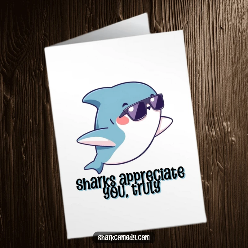 Funny free printable thank you card with a kawaii shark wearing sunglasses doing a flip.