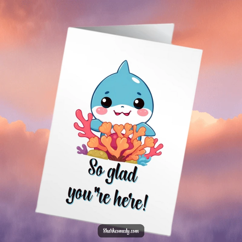 Funny Free Printable Thank You Card: A sweet kawaii shark peeking from behind colorful coral, showing sincere thanks.