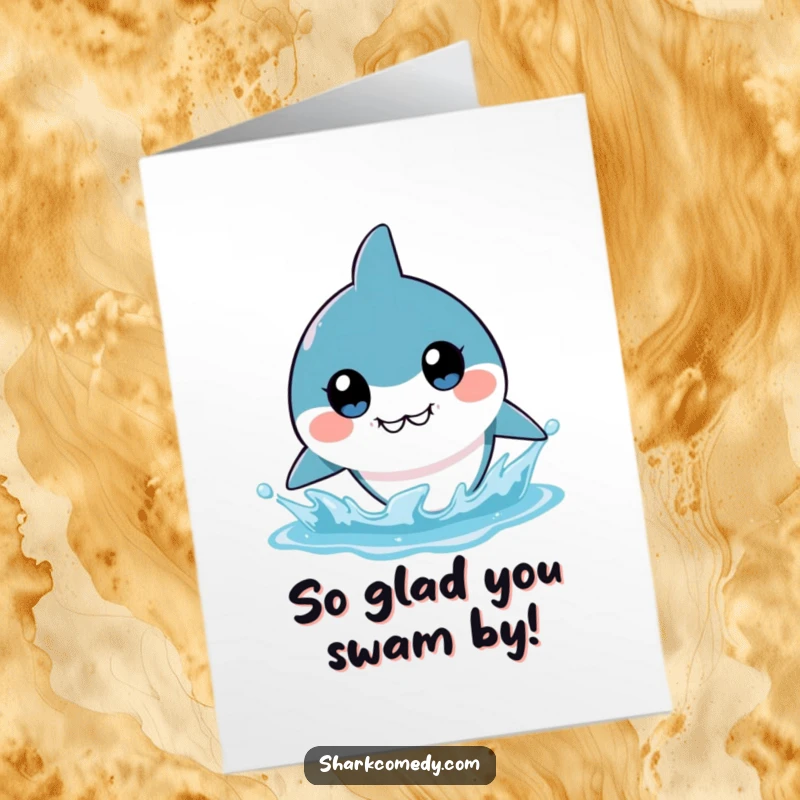 Funny Free Printable Thank You Card: Charming kawaii shark with wide eyes, about to splash, expressing heartfelt thanks.