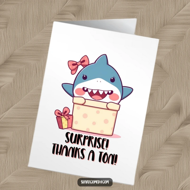 Funny Free Printable Thank You Card: Cute kawaii shark peeking from a gift box, offering a surprise thank you.