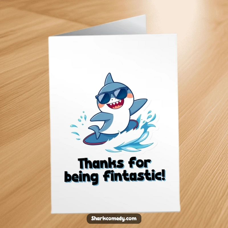 Funny Free Printable Thank You Card: A shark in sunglasses surfs a wave, offering a cool and thankful vibe.