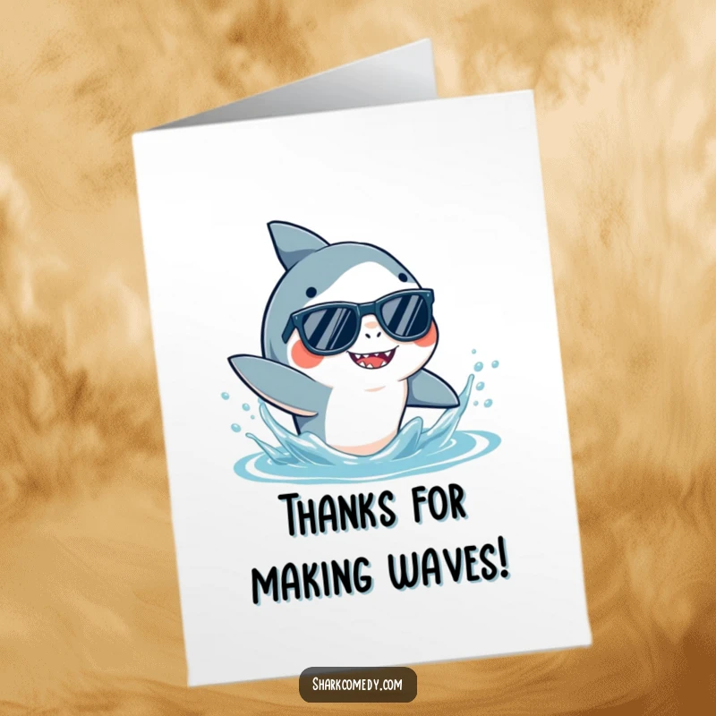 Funny Free Printable Thank You Card: Shark wearing sunglasses, playfully splashing water with its fin to show thanks.