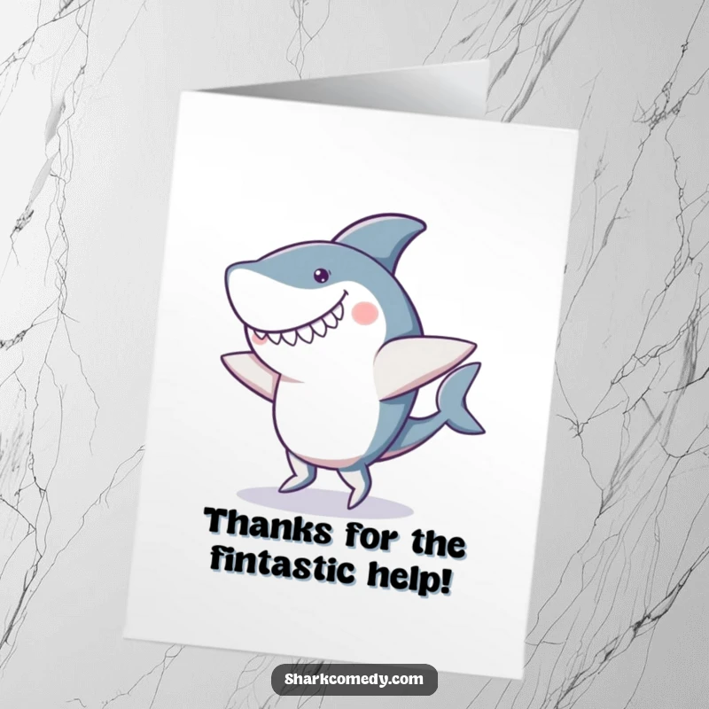Funny Free Printable Thank You Card with a shark dancing clumsily, smiling goofily, and wobbling its fins.