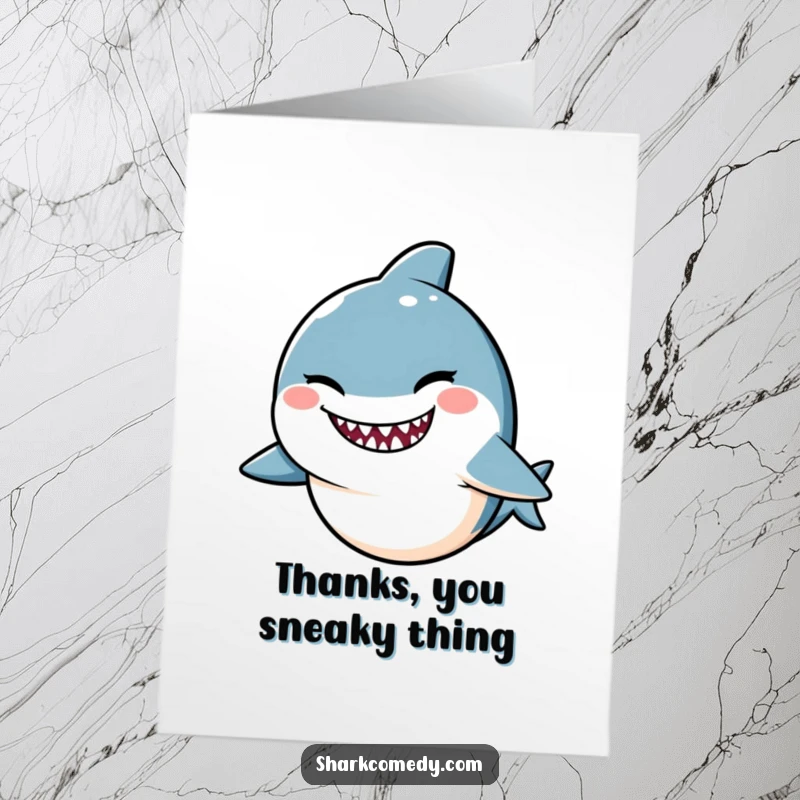 Funny Free Printable Thank You Card featuring a kawaii shark winking with a mischievous smile, perfect for thanking someone.