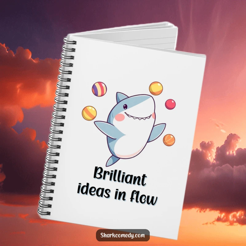 Funny notebook cover featuring a shark delightedly juggling colorful balls with its fins, ideal for jotting down creative thoughts.