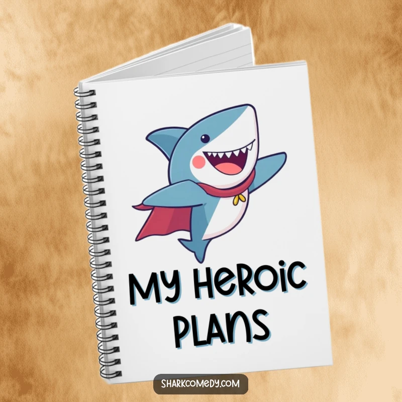 Funny Notebook with a shark wearing a cape, flying joyfully, perfect for noting brilliant ideas.