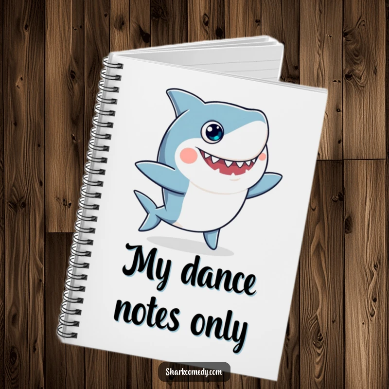 Funny notebook cover featuring a whimsical shark with googly eyes engaged in a joyful, silly dance, perfect for capturing notes.
