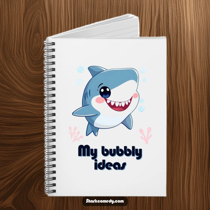 Funny smiling shark character, blowing bubbles underwater with wide, happy eyes, on a notebook cover for a happy and bubbly writing experience.