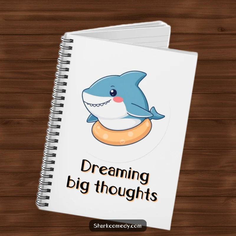 Funny kawaii shark notebook cover showing a cute shark floating on a rubber ring, ideal for capturing serene thoughts.