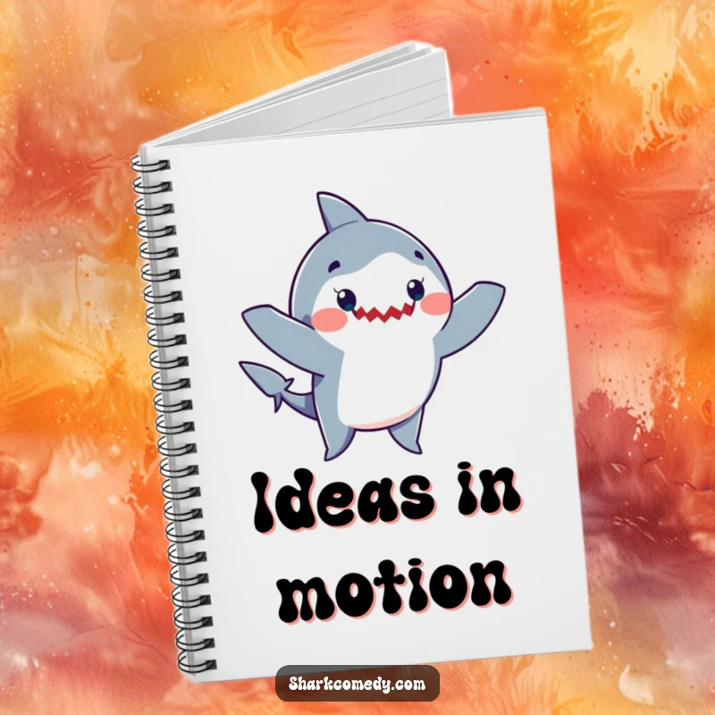 Funny notebook with a cover illustration of a cheerful shark performing a silly dance with its arms waving energetically.