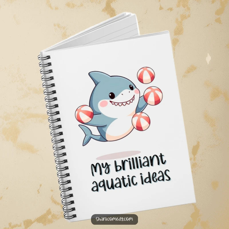 Funny notebook cover with a cute shark enthusiastically juggling beach balls, inspiring exciting notes and playful doodles.
