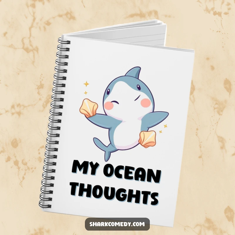 Funny shark notebook, a journal depicting a shark winking while juggling three shiny seashells, inspiring playful note-taking.
