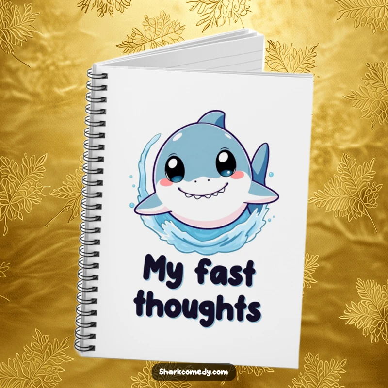 Funny shark notebook featuring a cute character with wide eyes, swimming rapidly and splashing water, perfect for writing and sketching energetic thoughts.