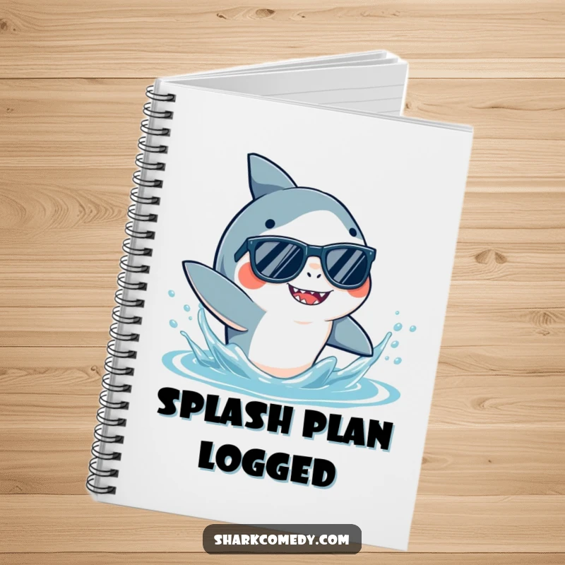 Funny Shark Sunglasses Notebook with a cool shark in shades, playfully splashing water, perfect for jotting down ideas and notes.