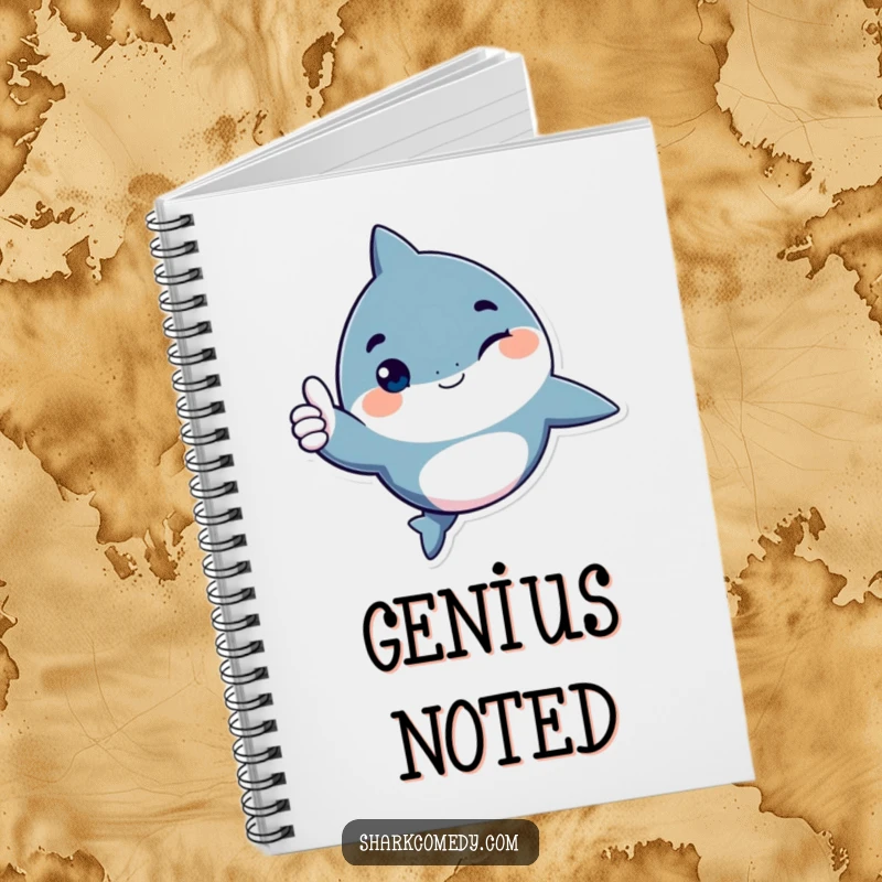 Funny shark character notebook, giving a playful wink and a thumbs up, a fun and motivational journal for capturing thoughts and ideas.