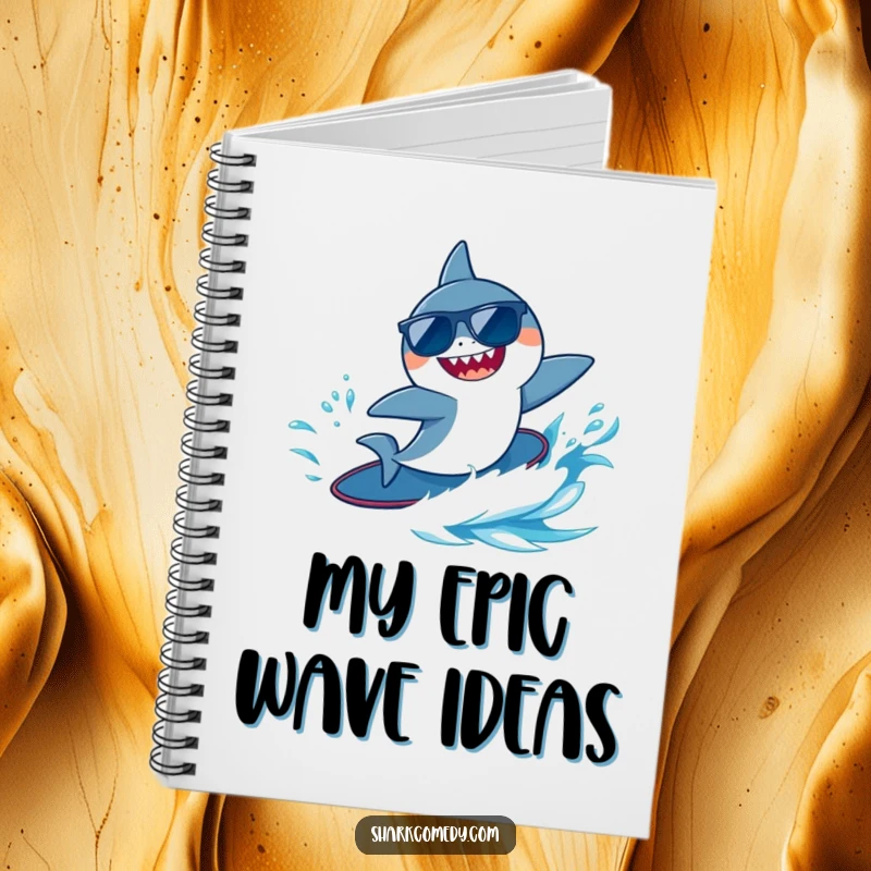 Funny tiny shark wearing sunglasses, joyfully surfing a blue wave, on a notebook cover for a cool and inspirational writing experience.