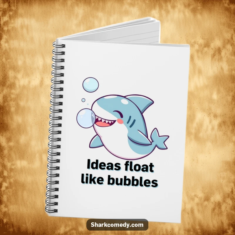 Funny Kawaii shark notebook, a cute shark joyfully playing with a bubble, ideal for jotting down bubbly ideas.