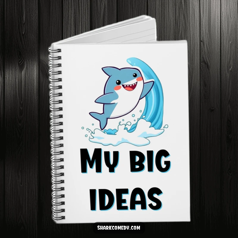 Funny notebook cover featuring a kawaii shark leaping joyfully from a blue wave, inspiring fun and energetic note-taking.
