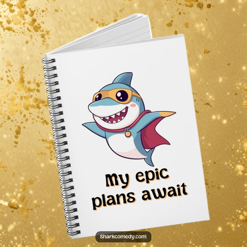 Funny superhero shark notebook with a dramatic cape pose, designed for jotting down heroic thoughts with a humorous touch.