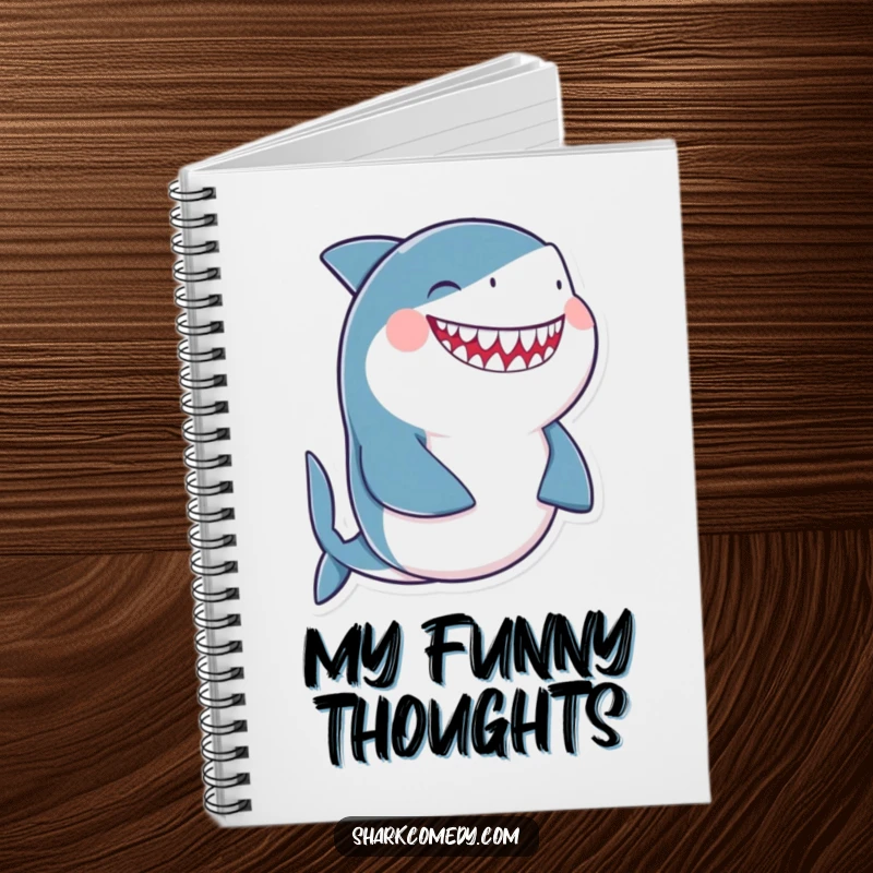 Funny giggling shark notebook featuring a shark laughing uncontrollably with its belly, ideal for jotting down humorous thoughts.