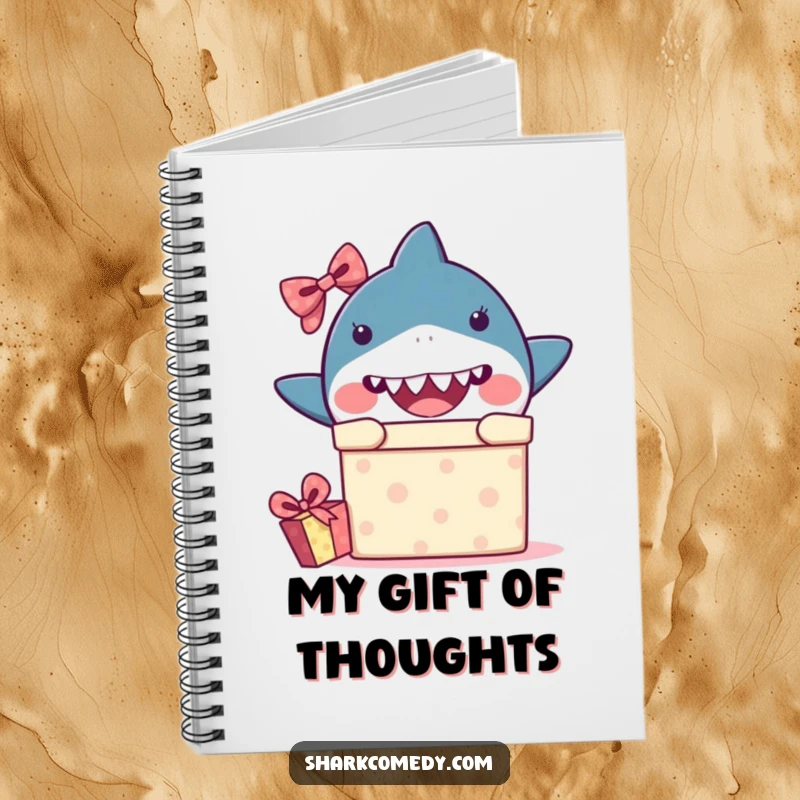 Funny kawaii shark notebook featuring a shark peeking from a gift box with surprise, perfect for jotting down thoughts with humor.