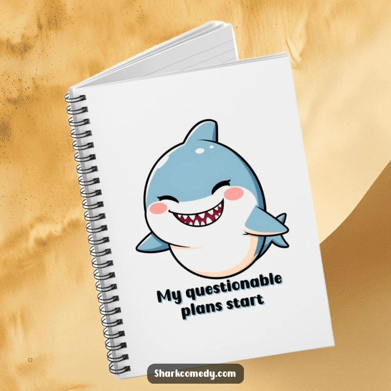 Funny Kawaii shark notebook, a cute shark winking mischievously, ideal for jotting down playful thoughts and plans.
