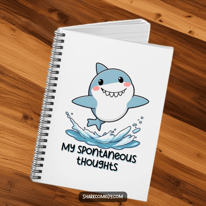 Funny notebook cover featuring a small shark leaping energetically from water with a surprised expression, inspiring fun notes.