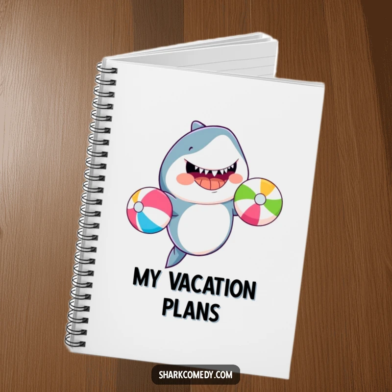 Funny shark juggling beach balls, featured on a notebook cover, perfect for jotting down ideas with a humorous touch.