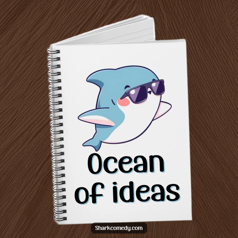 Funny kawaii shark wearing sunglasses doing a playful flip on a notebook cover, ready to inspire your writing and thoughts.