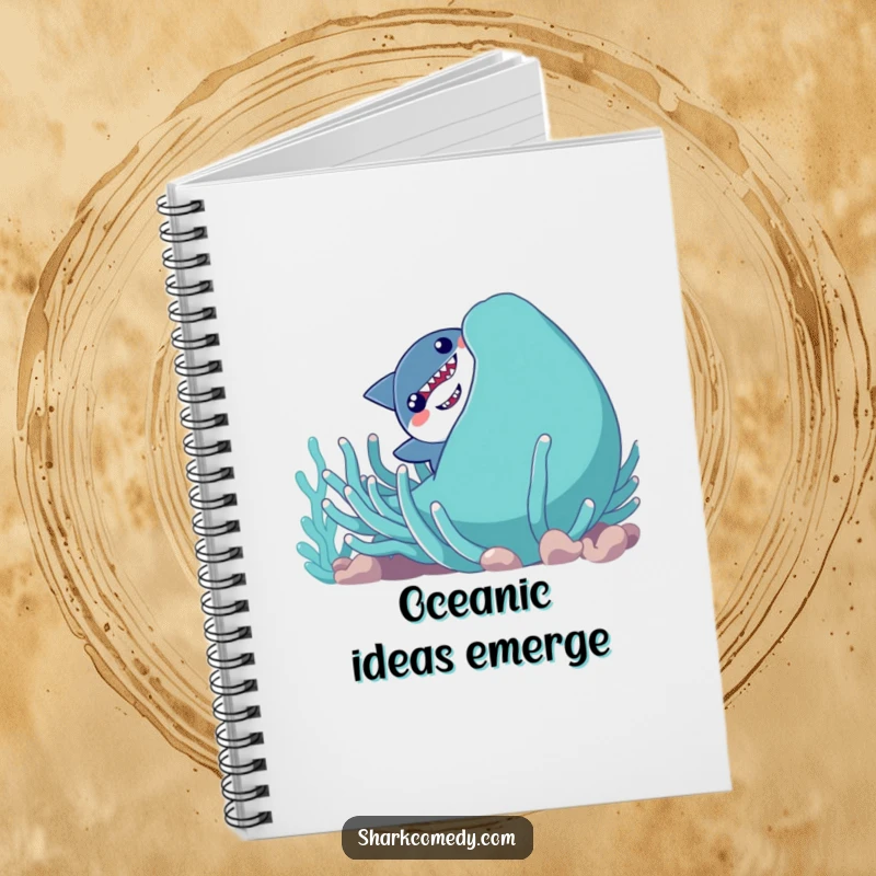 Funny shy shark character peeking from behind a giant, smiling sea anemone on the cover of a lined notebook.