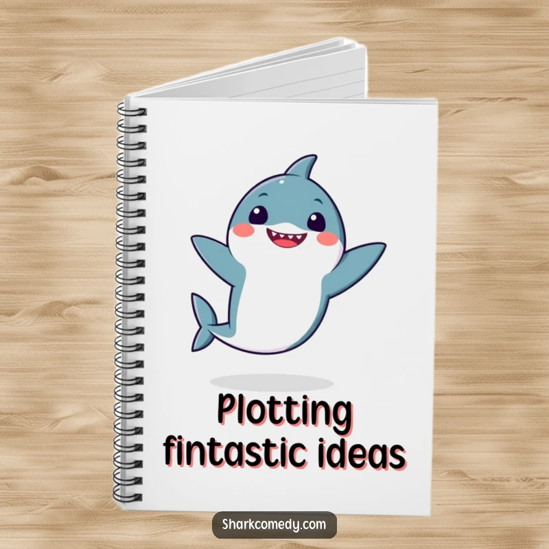 Funny kawaii shark in a silly dance pose with flapping fins on a notebook cover, inspiring creative writing and humorous thoughts.
