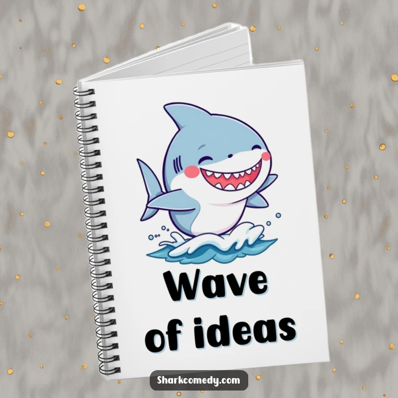 Funny kawaii shark with a silly grin surfing a small wave on a notebook cover, ideal for fun note-taking.