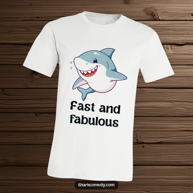 Funny t-shirt illustrating a happy, determined shark sprinting at full speed, with sweat flying, conveying intense effort and joy.