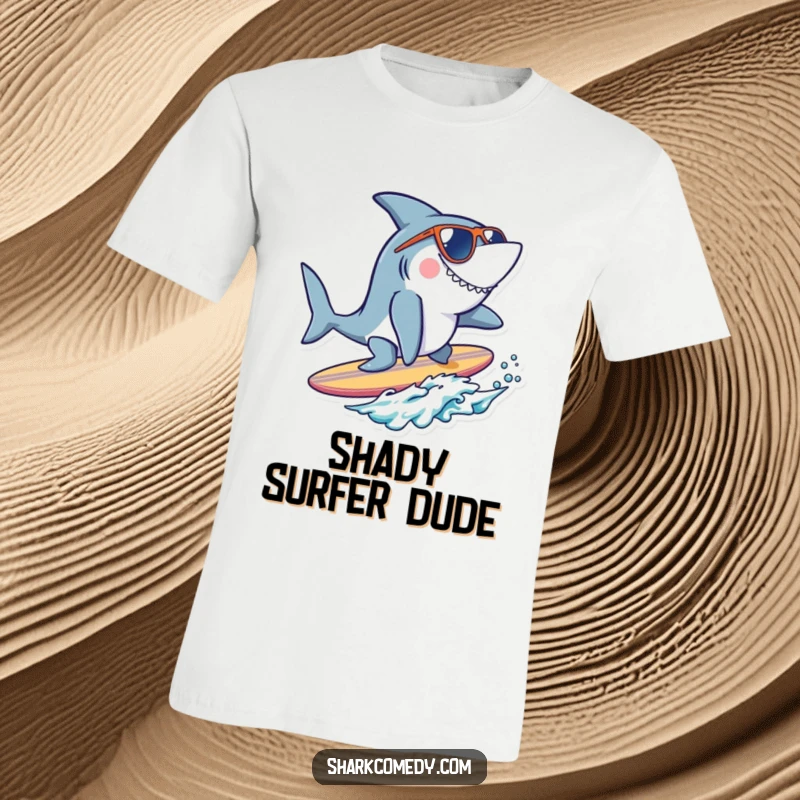 Funny cool shark t-shirt featuring a shark wearing sunglasses, balancing perfectly on a tiny surfboard, embodying ultimate surf style and humor.