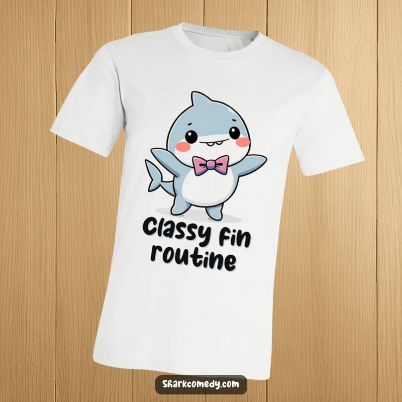 Funny kawaii shark t-shirt featuring a shark in a bow tie, energetically dancing, perfect for adding humor to any outfit.