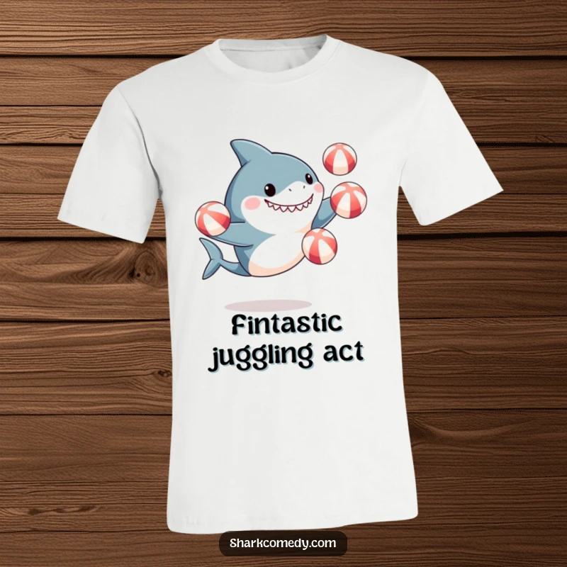 Funny t-shirt showing an excited, cute shark skillfully juggling three colorful beach balls with its fins, radiating pure beachy bliss.