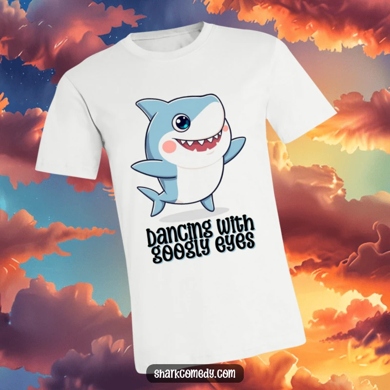 Funny t-shirt with a cartoon shark sporting googly eyes, captured mid-silly dance, radiating pure, unadulterated, goofy energy.