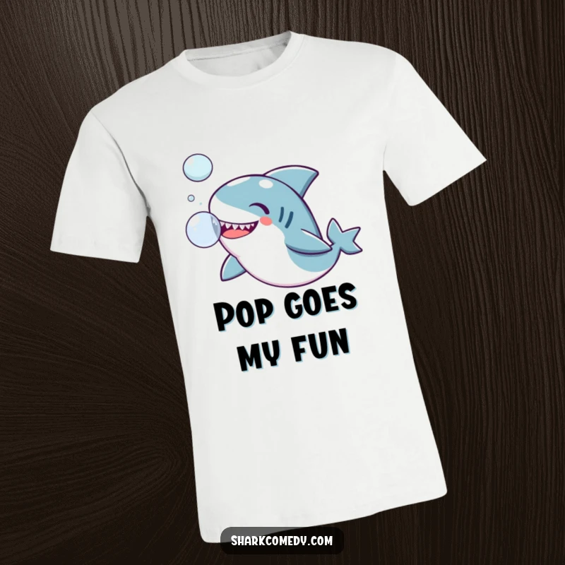 Funny Kawaii shark t-shirt, a cute shark playfully interacting with a floating bubble, expressing pure, simple joy.