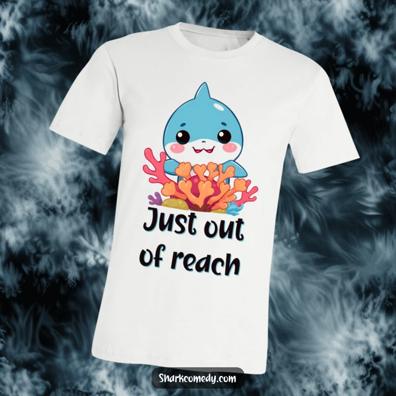 Funny Kawaii Shark T-Shirt: Cute kawaii shark hiding behind colorful coral, a playful and funny design.