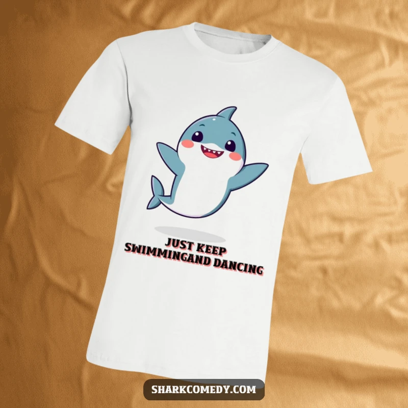 Funny kawaii shark performing a hilarious, energetic dance with flappy fins, printed on a vibrant T-shirt, expressing pure, silly happiness.
