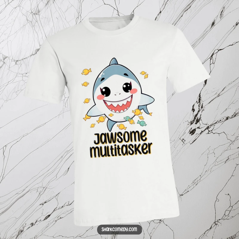 Funny t-shirt showing a kawaii shark with a huge grin, juggling small fish, perfect for those who appreciate playful, food-themed humor.