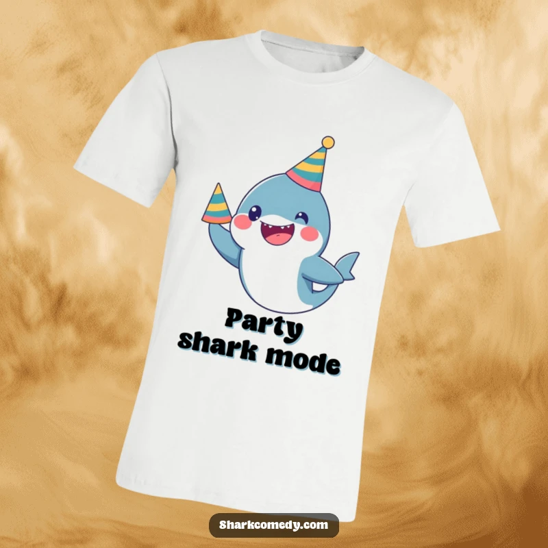 Funny T-Shirt: A kawaii shark wearing a party hat looks excited, ready for a hilarious celebration.