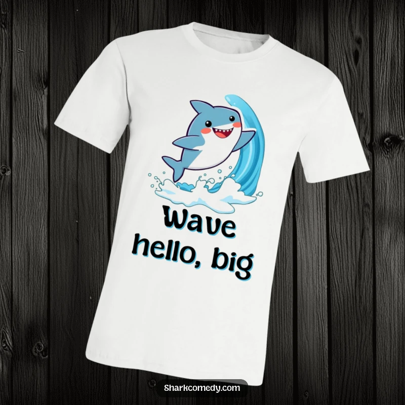 Funny t-shirt featuring an adorable, kawaii shark mid-leap from a dynamic blue wave, capturing a moment of pure exhilaration.