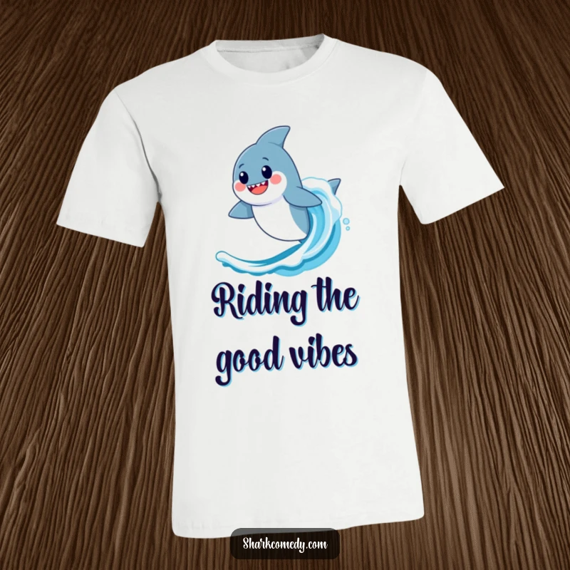 Funny Kawaii Shark T-Shirt: A cheerful shark happily surfs atop an ocean wave, looking exhilarated.