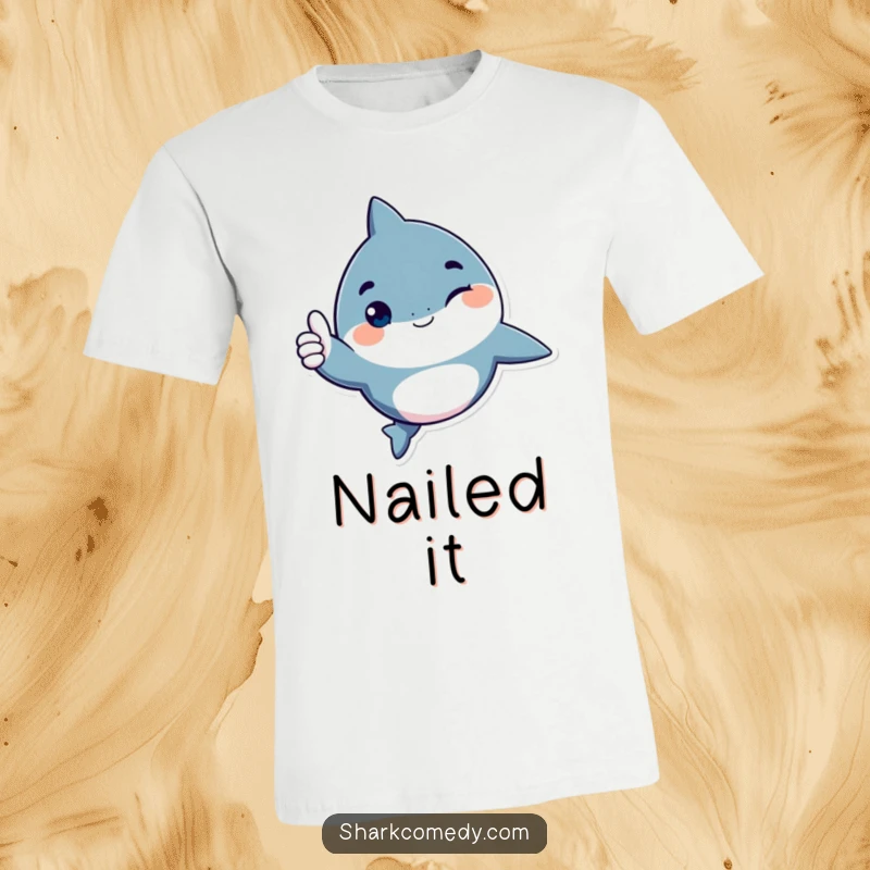 Funny shark character t-shirt, with a playful wink and a thumbs up gesture, embodying coolness and positive affirmation.