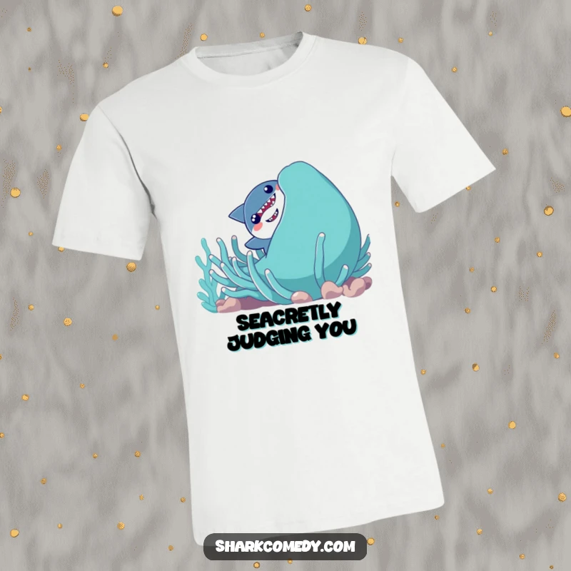 Funny shy shark character peeking timidly from behind a large, smiling sea anemone on a soft cotton t-shirt.